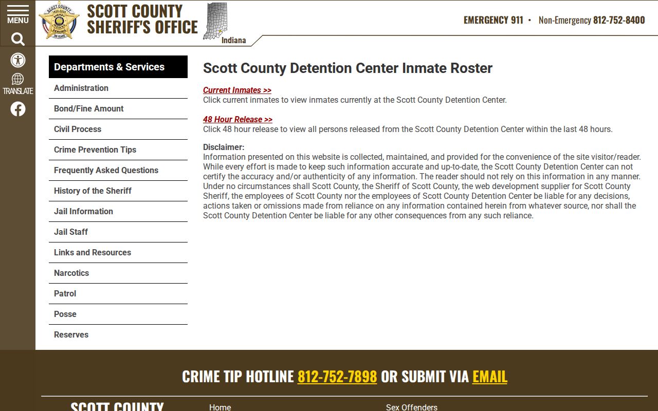 Scott County jail roster chooser for current and released booking records